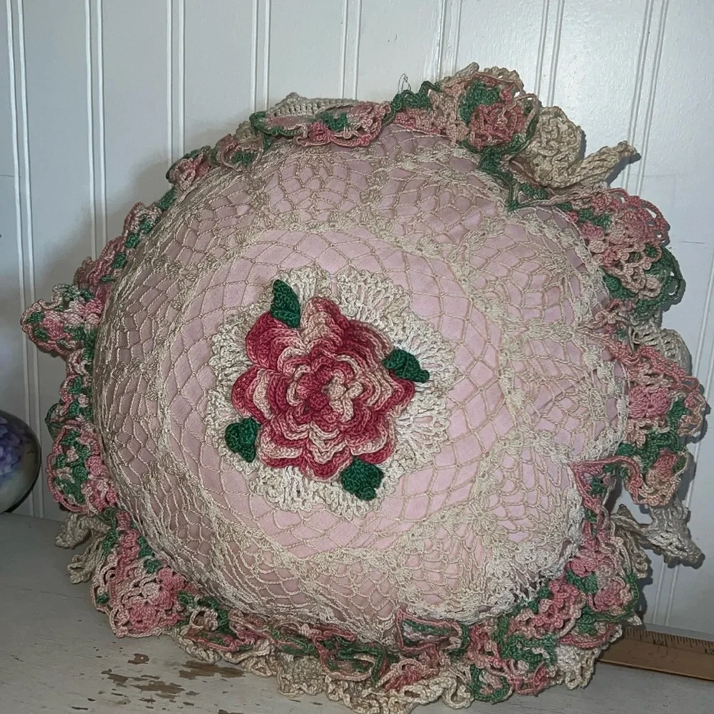 Vintage handmade needlepoint & crocheted throw pillow